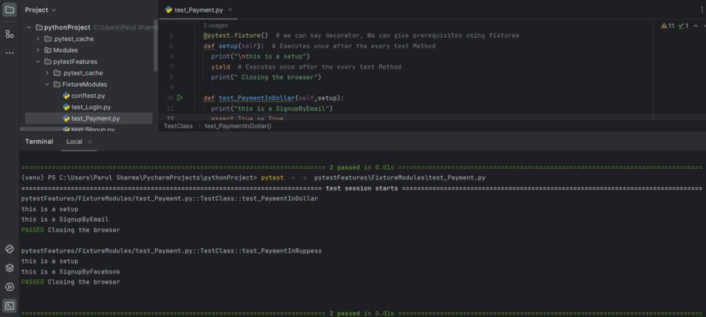 image of Pytest fixtures output