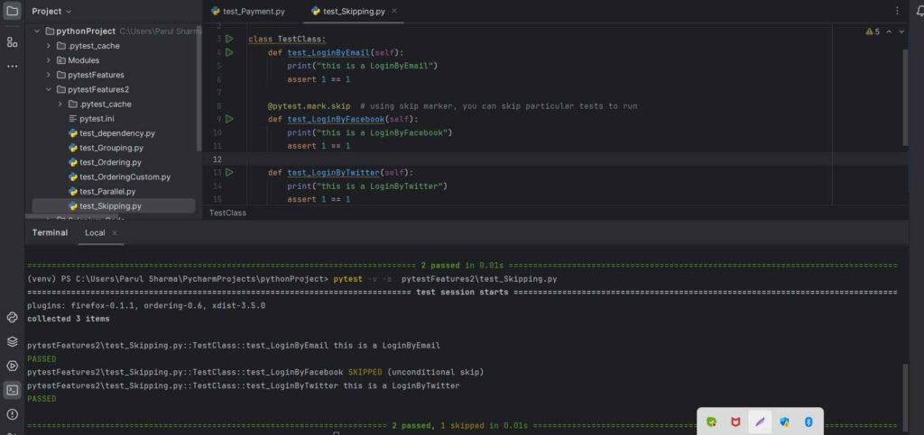 Image of output of Skips test